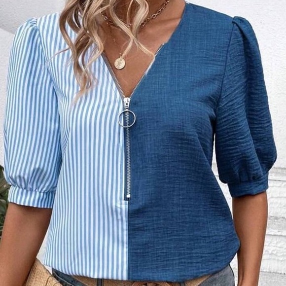 Emery Rose Blue Color Block Stripe Front Zip Blouse Tunic Puffy Sleeve L - Picture 11 of 15